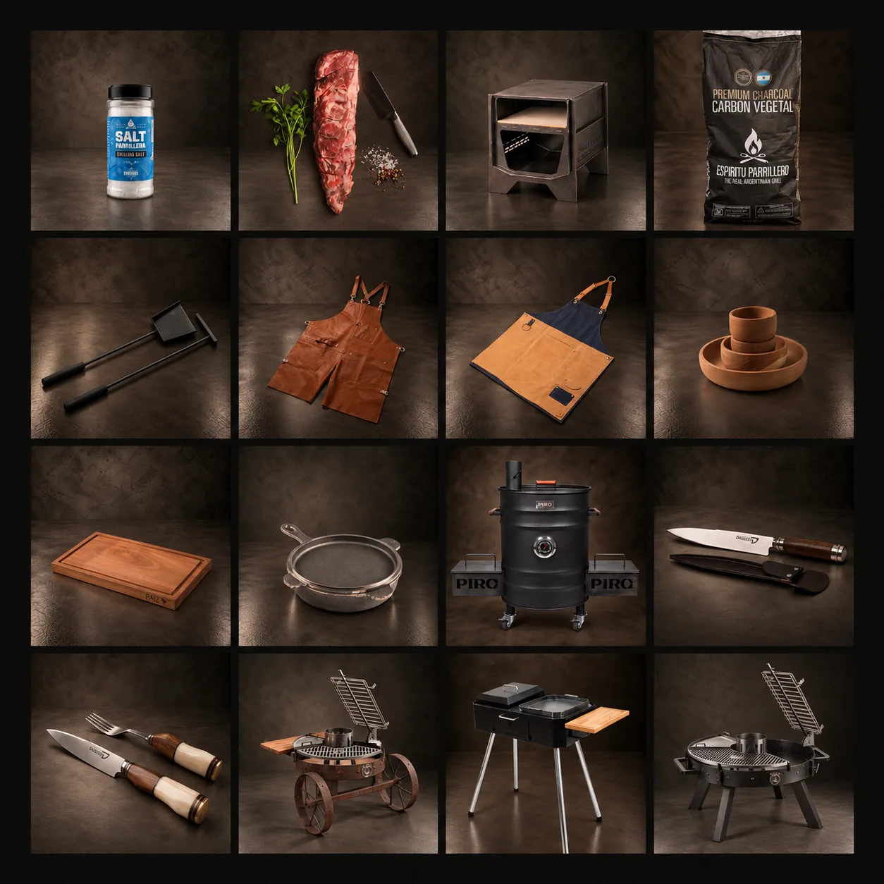 Sixteen of the catalog's products laid out in a grid on dark stone