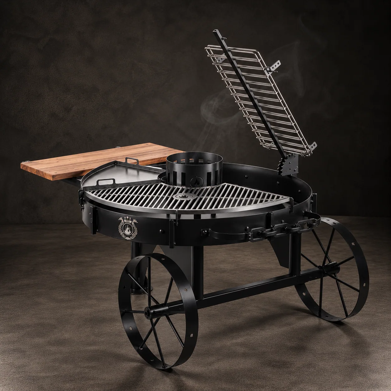 The Alamo 120 grill on its wheels, on dark stone