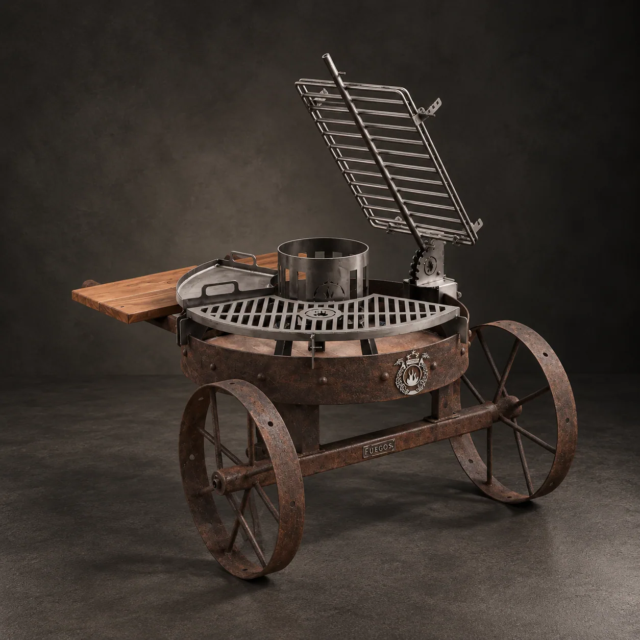 The Alamo 80 grill with its wooden side table, on dark stone