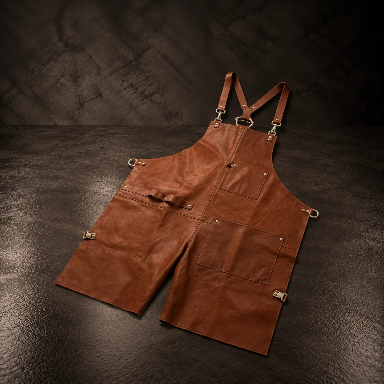 The leather apron, on dark stone