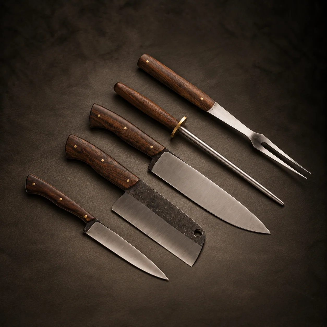 The five pieces of the Kit Chaman 5P in their leather roll, on dark stone