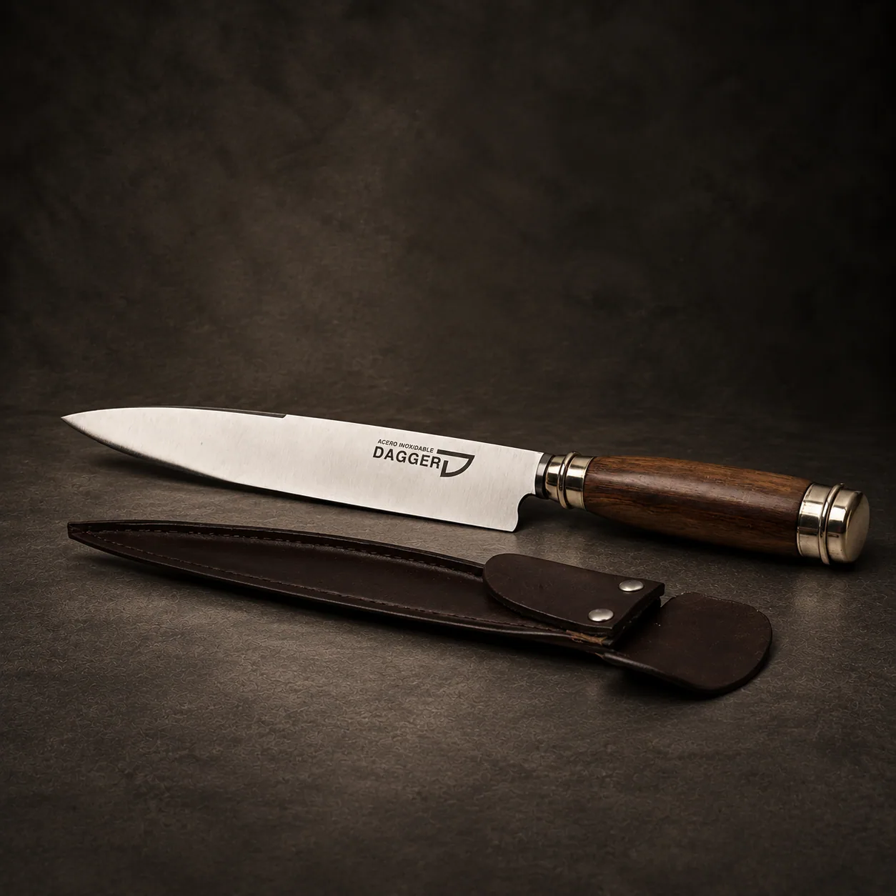 The knife with its wood and alpaca handle and its rawhide sheath, on dark stone