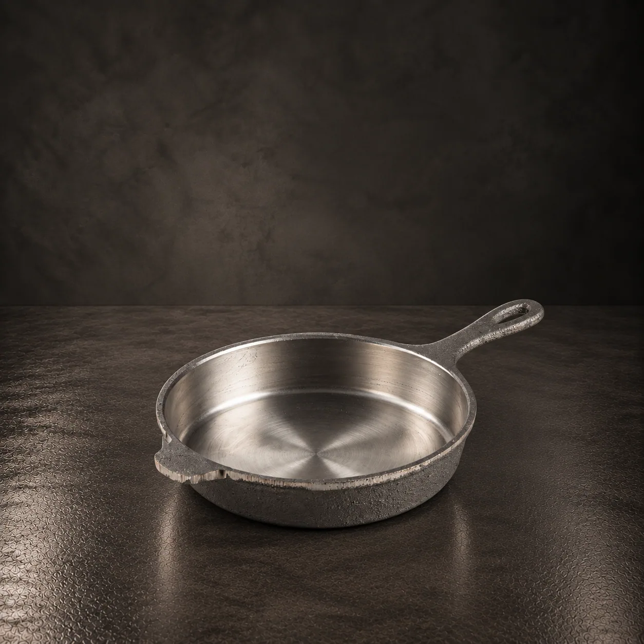 The cast iron pan, on dark stone