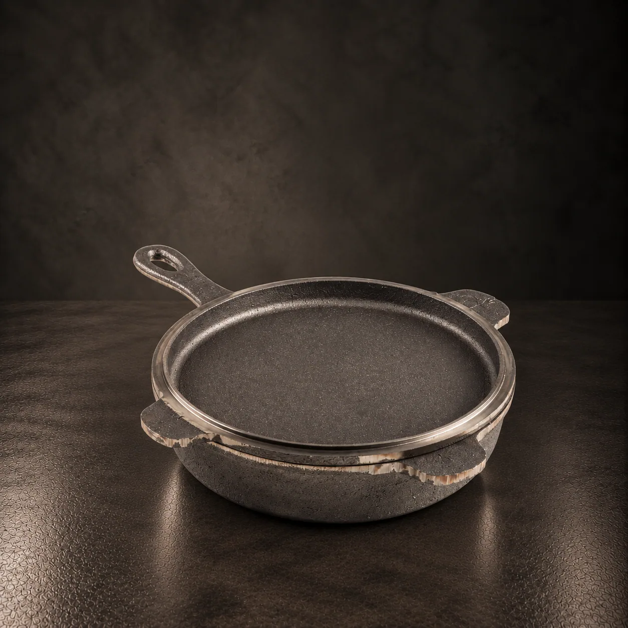The pan with its cast iron lid beside it, on dark stone