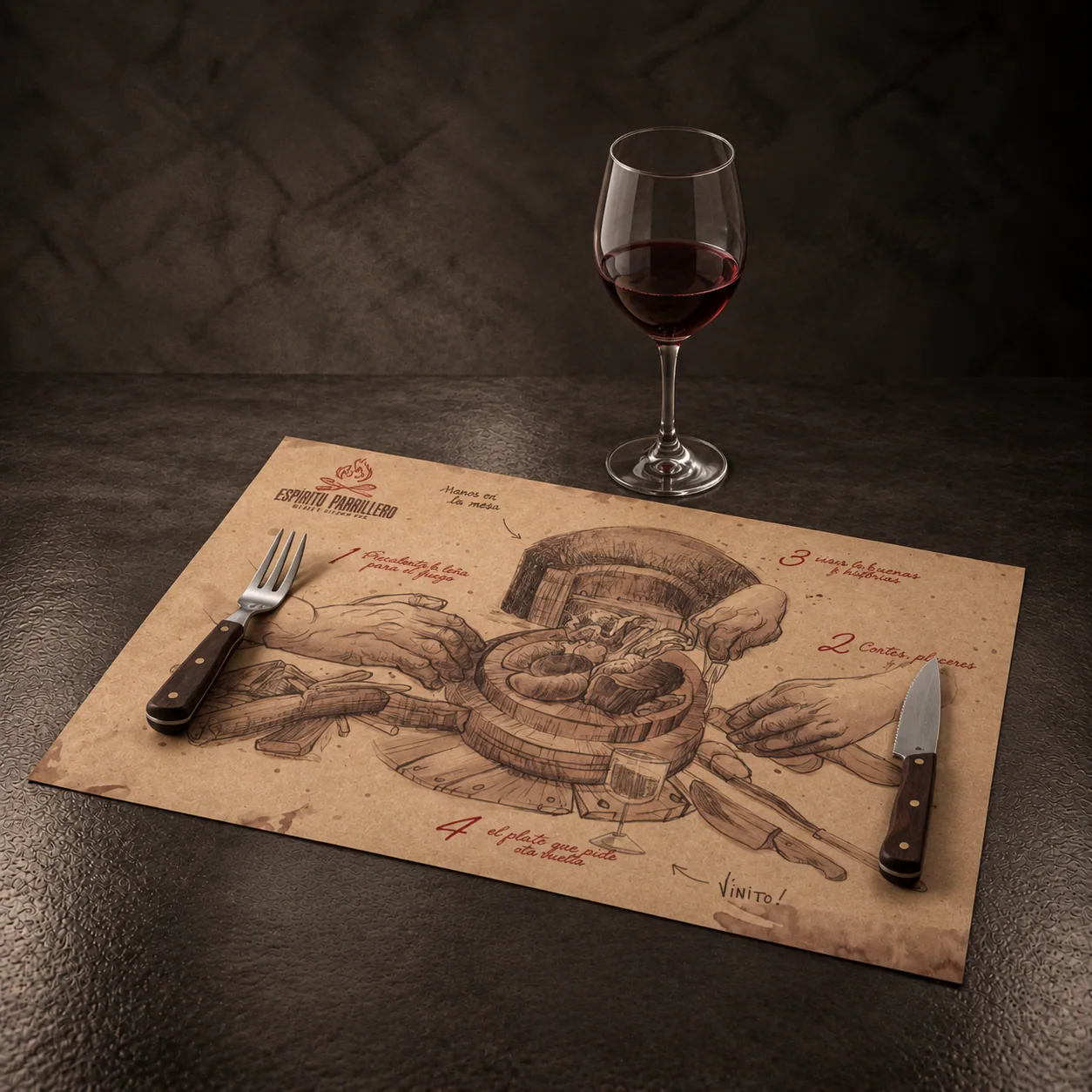 The illustrated kraft placemats, on dark stone
