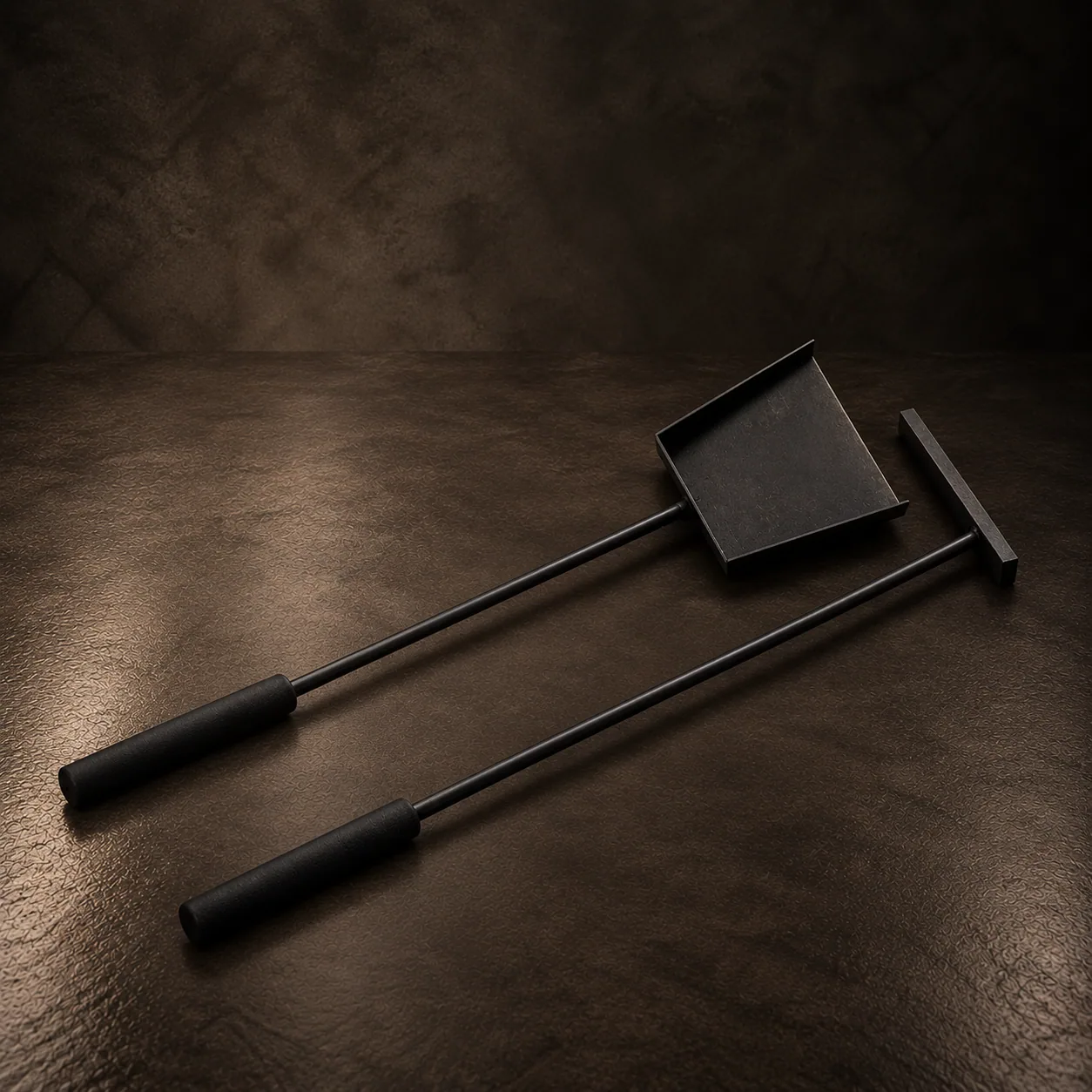 The poker and shovel kit with their leather grips, on dark stone
