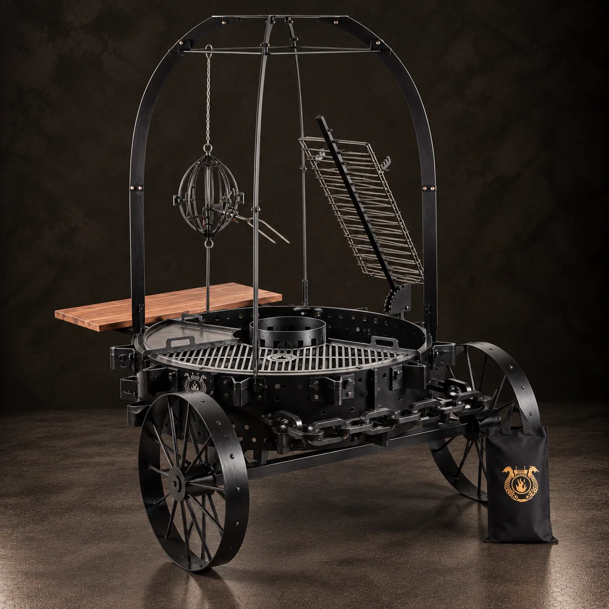 The Rodeo Pro grill with its hanging cage, on dark stone