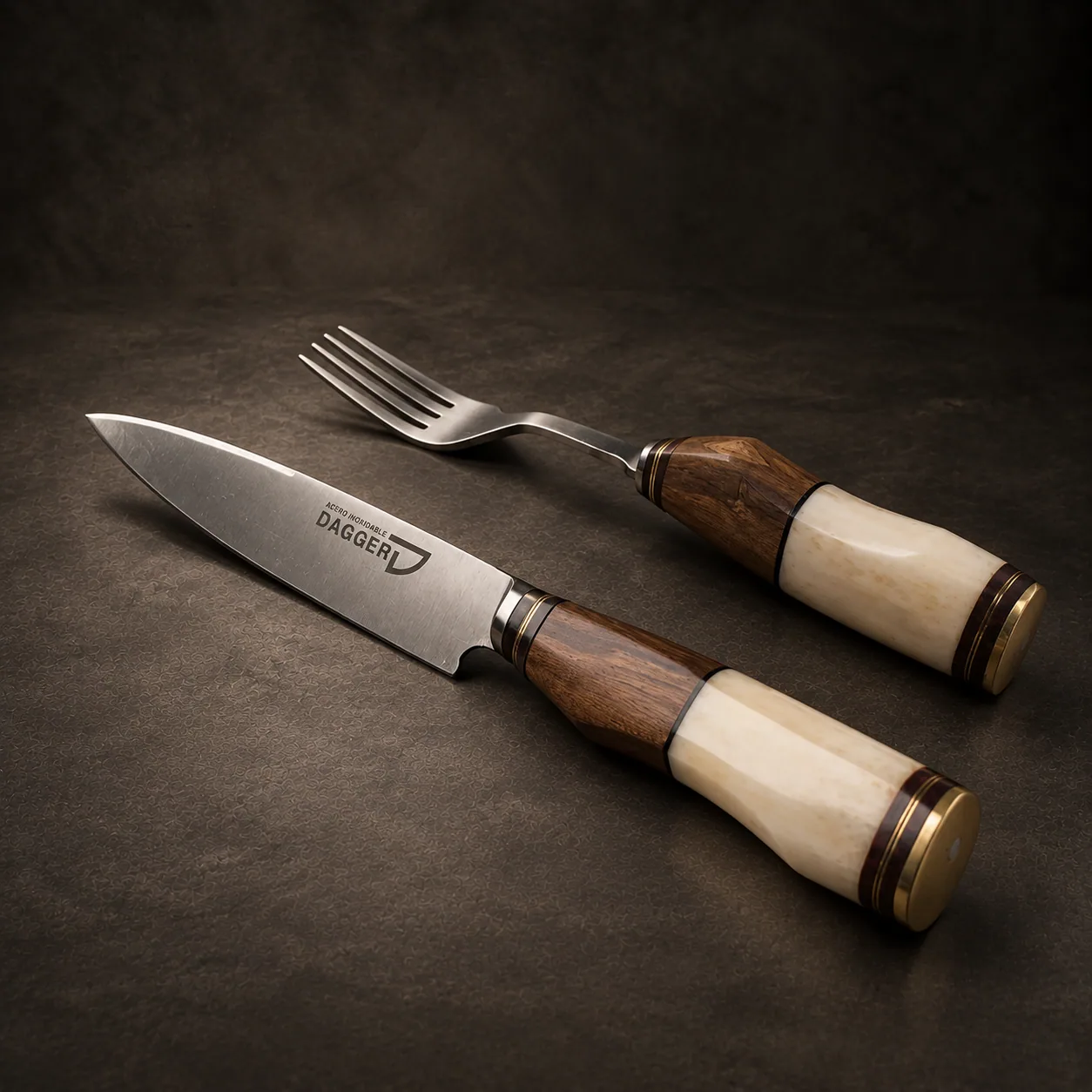 Table knife and fork with wood and bone handles, on dark stone