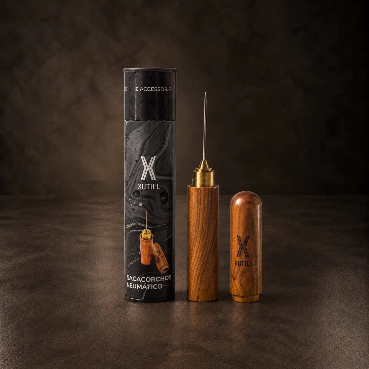 The pneumatic corkscrew in turned wood, on dark stone