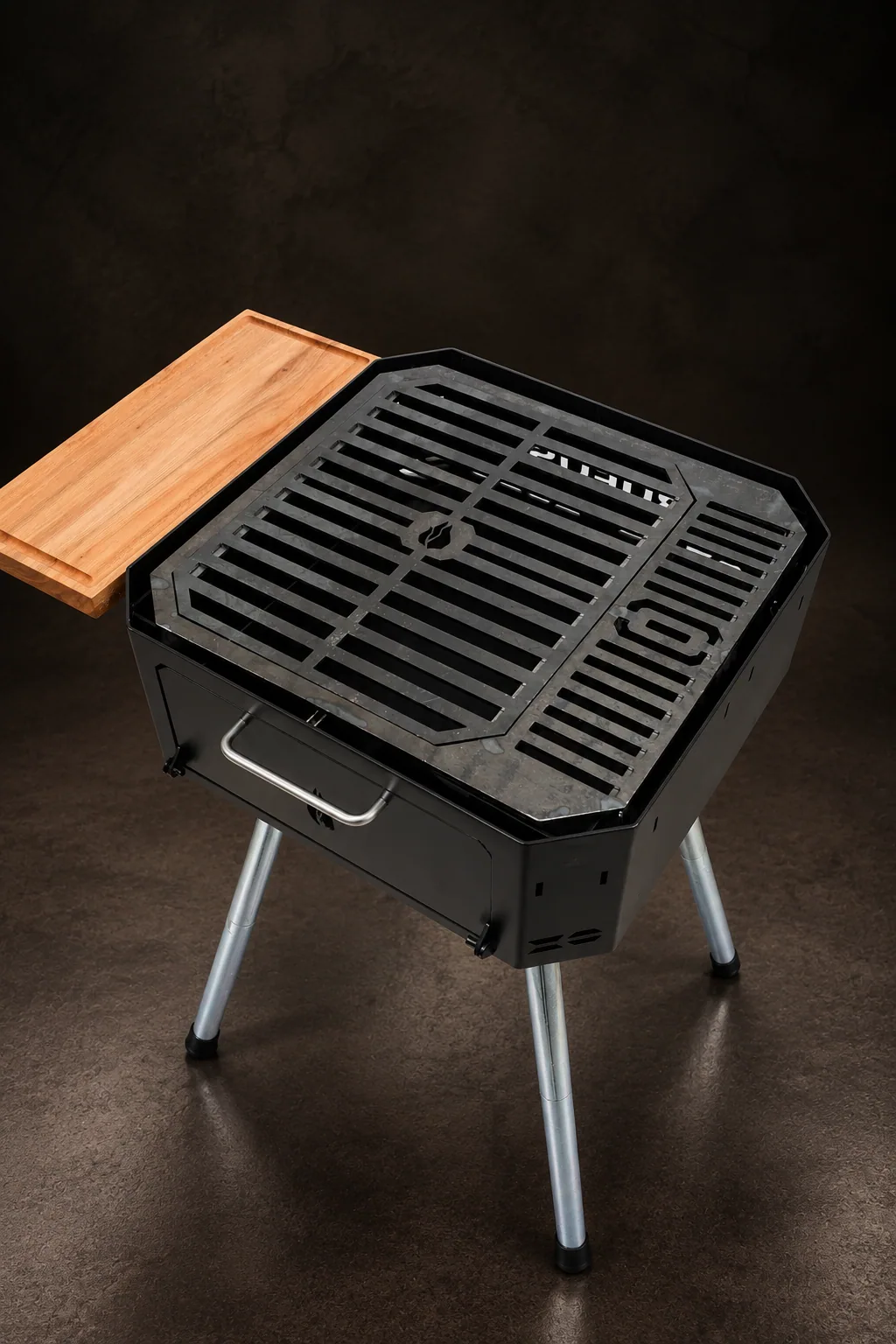 The Zonda Full charcoal grill on its zinc-plated legs, on dark stone